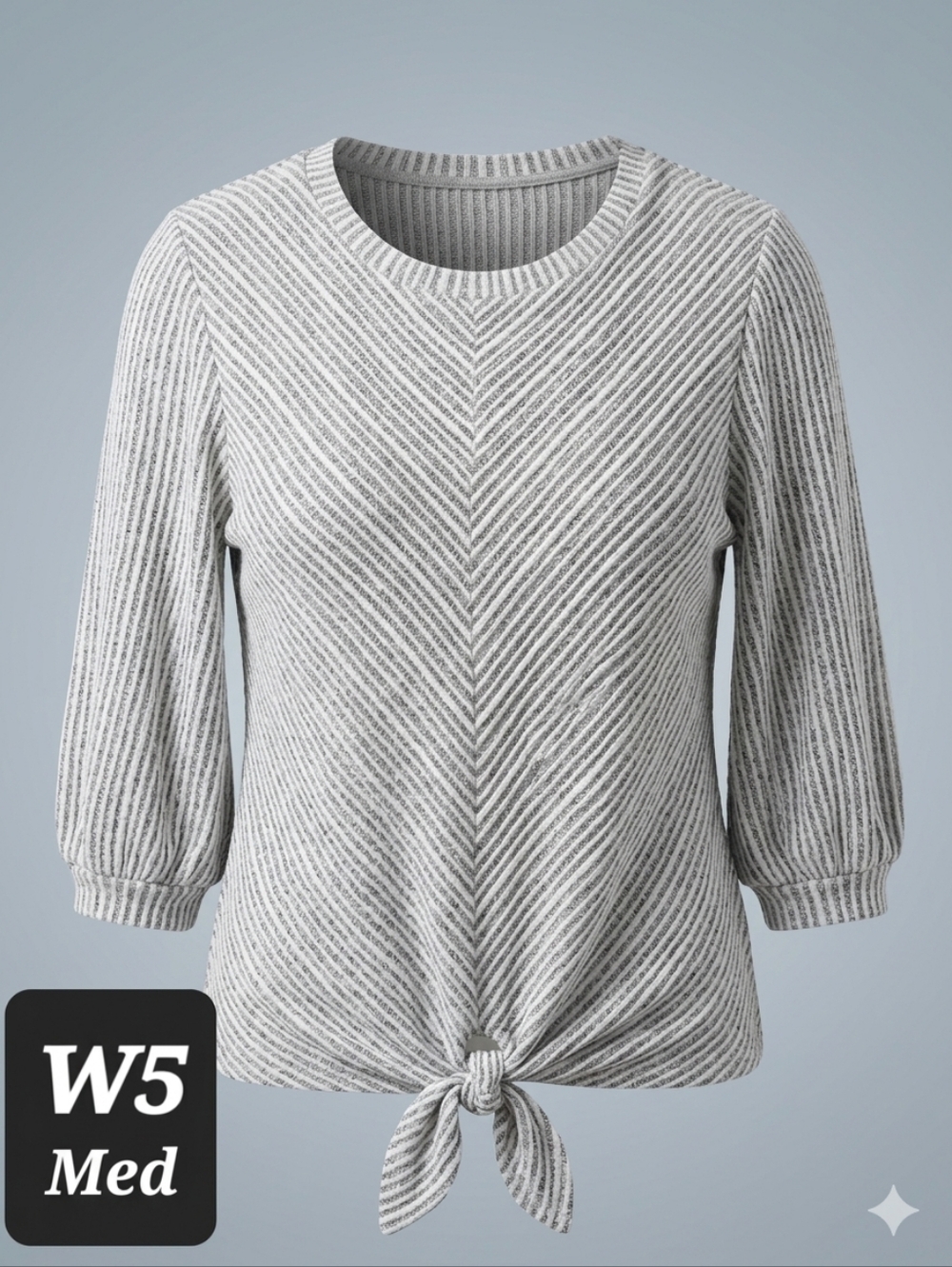 Grey & White Chevron Striped Tie-Front 3/4 Sleeve Knit Top - Size Medium
